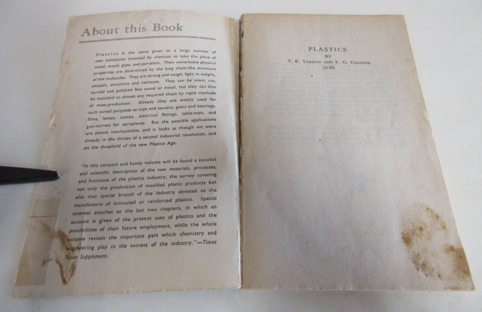 Plastics – by Yarsley and Couzens – Pelican Books – 159 Pages – Vintage – 1945