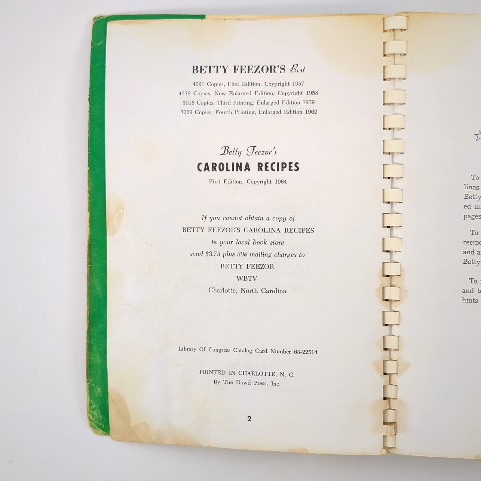 Betty Feezors Carolina Recipes WBTV Charlotte NC Television Cookbook Spiral 1964