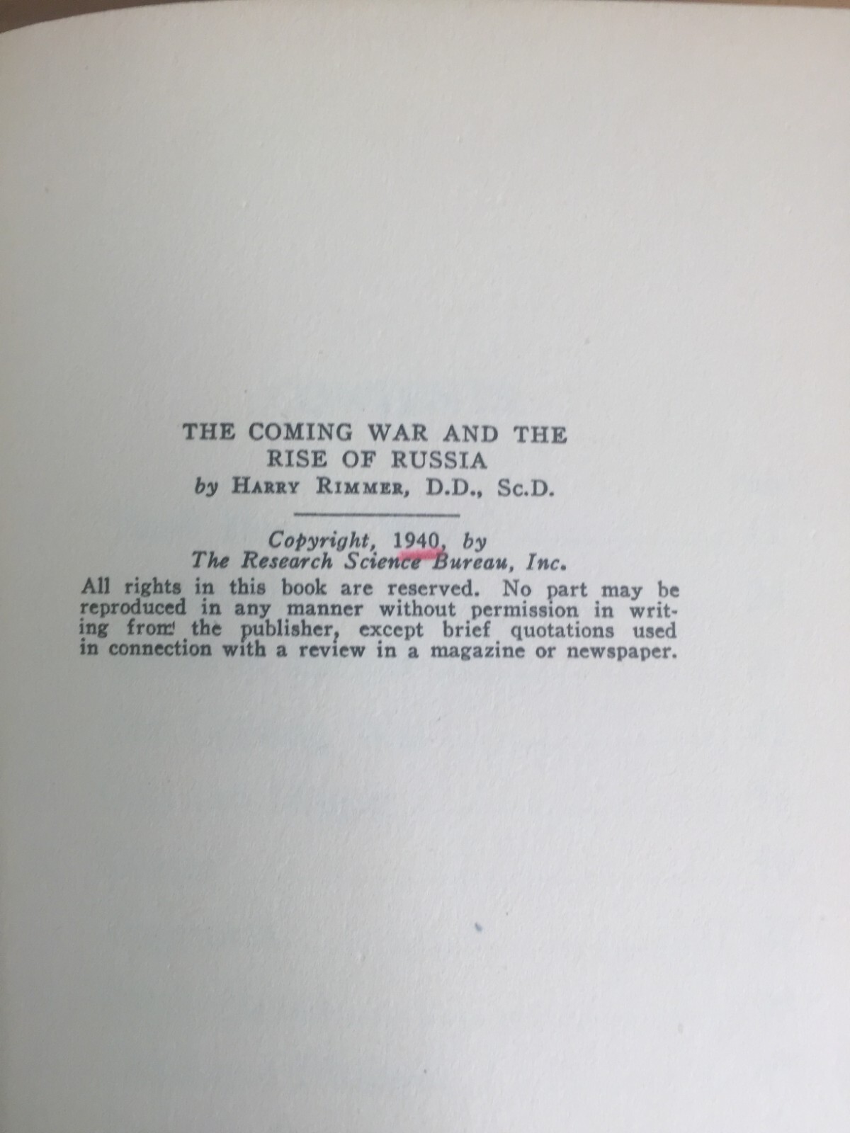 1945 Christian Book – The Coming War and the Rise of Russia by Rimmer Hardcover