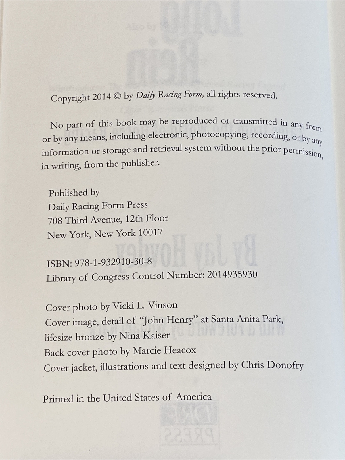 Long Rein SIGNED by Jay Hovdey – Horse Racing Tales – Near Fine Hardcover