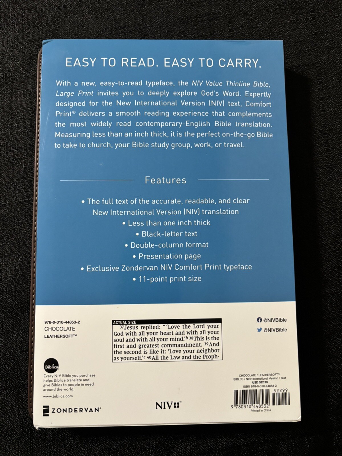 NEW Zondervan Value Thinline NIV Bible w/Brown Imitation Leather and Large Print