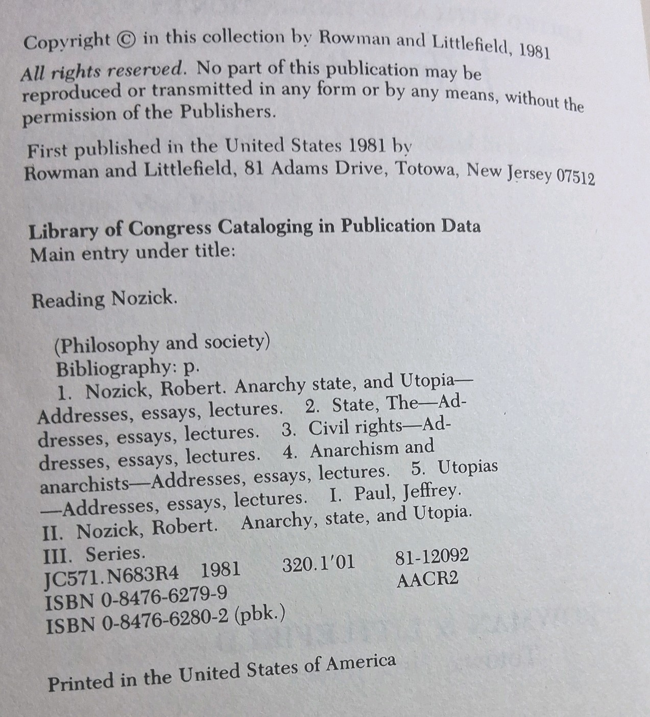 Reading Nozick: Essays on Anarchy, State & Utopia Jeffrey Paul Paperback 1981
