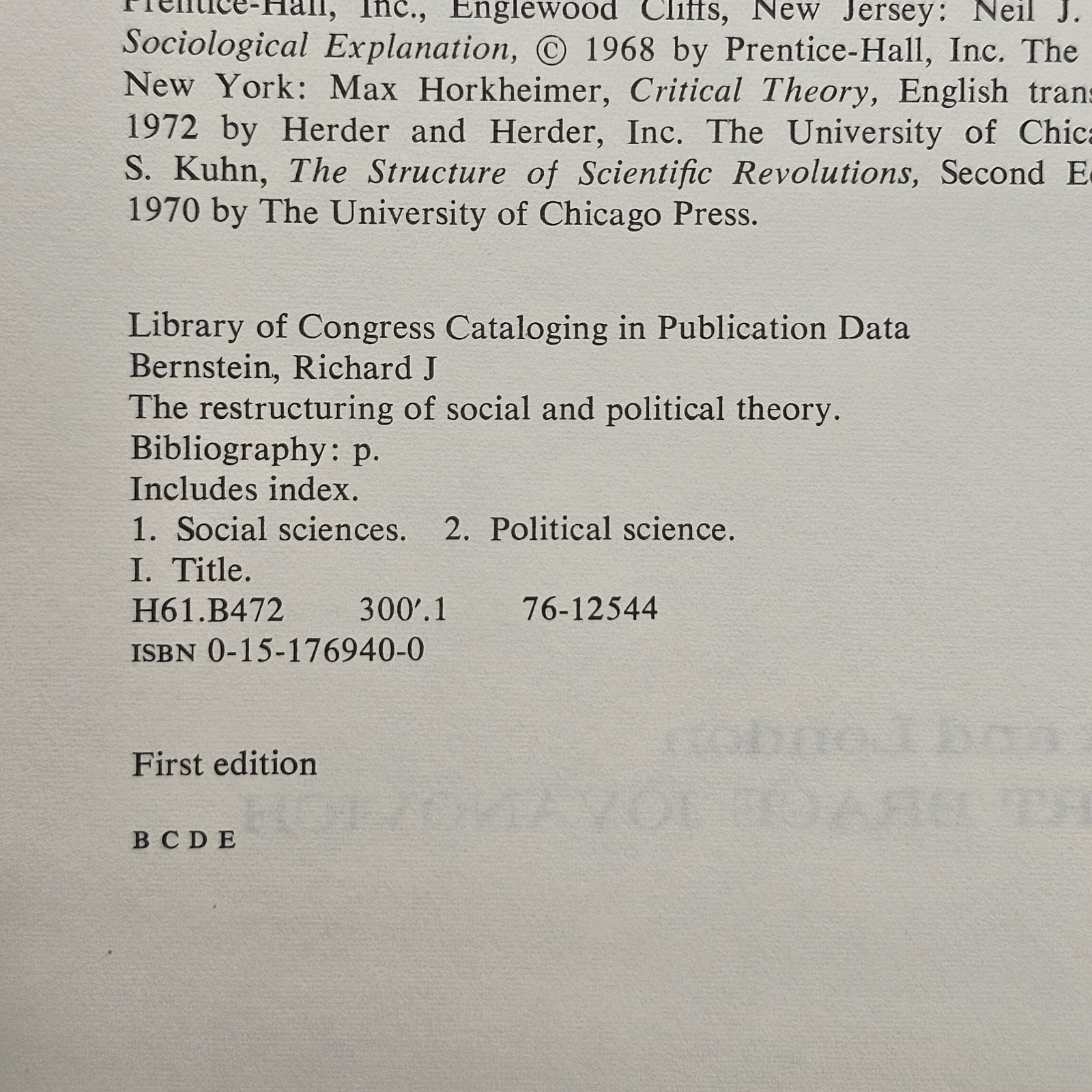 The Restructuring Social Political Theory Bernstein 1976 HC w/DJ 1st Ed
