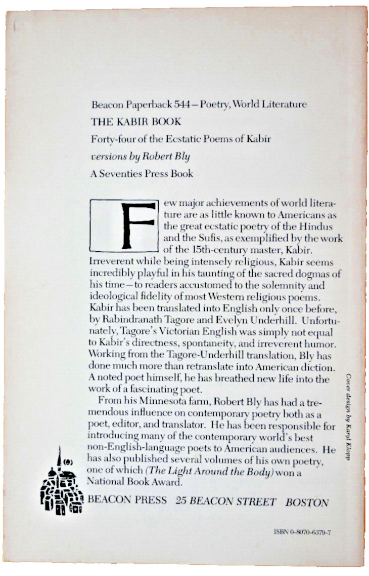Kabir Book by Kabir, Versions by Robert Bly – 1993 – First Edition