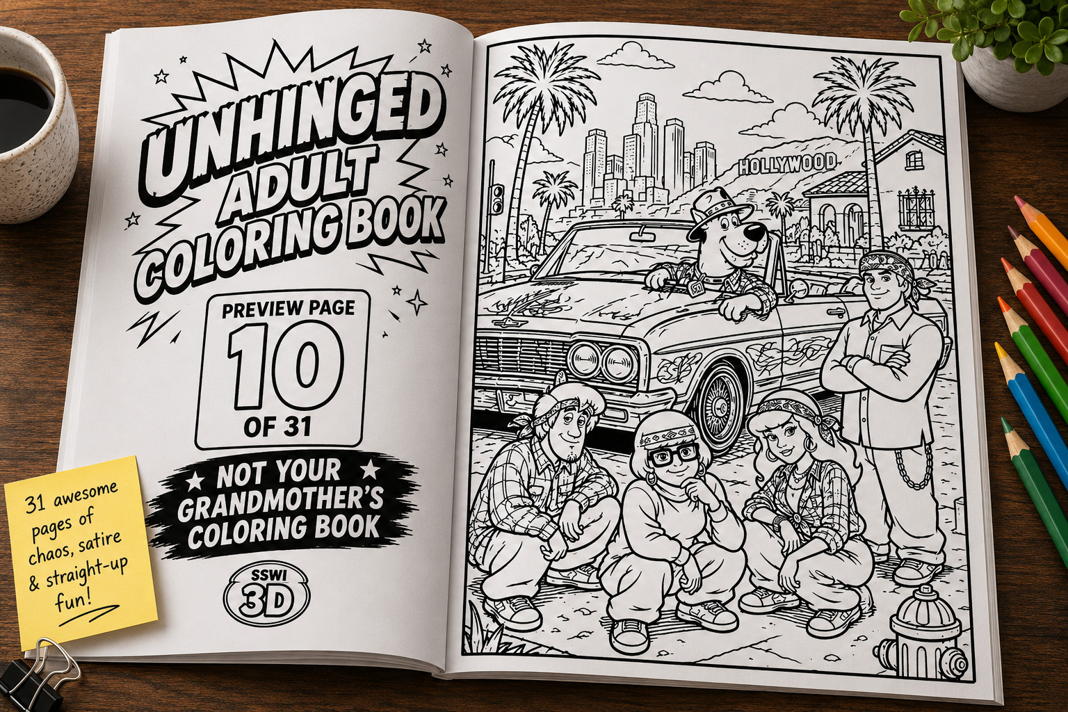 Unhinged Digital Adult Coloring Book | 31 Pages Pop Culture Satire & Chaos