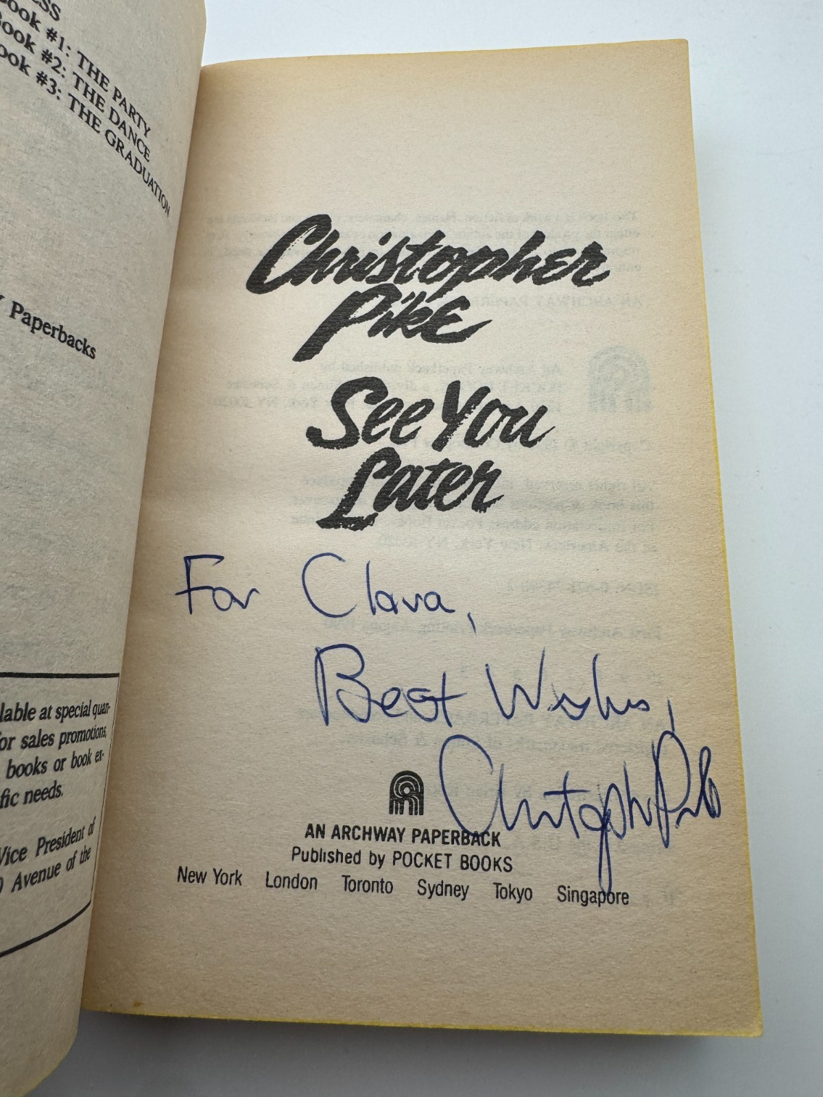 See You Later SIGNED BOOK Christopher Pike 1ST EDITION 1990 Archway Paperback