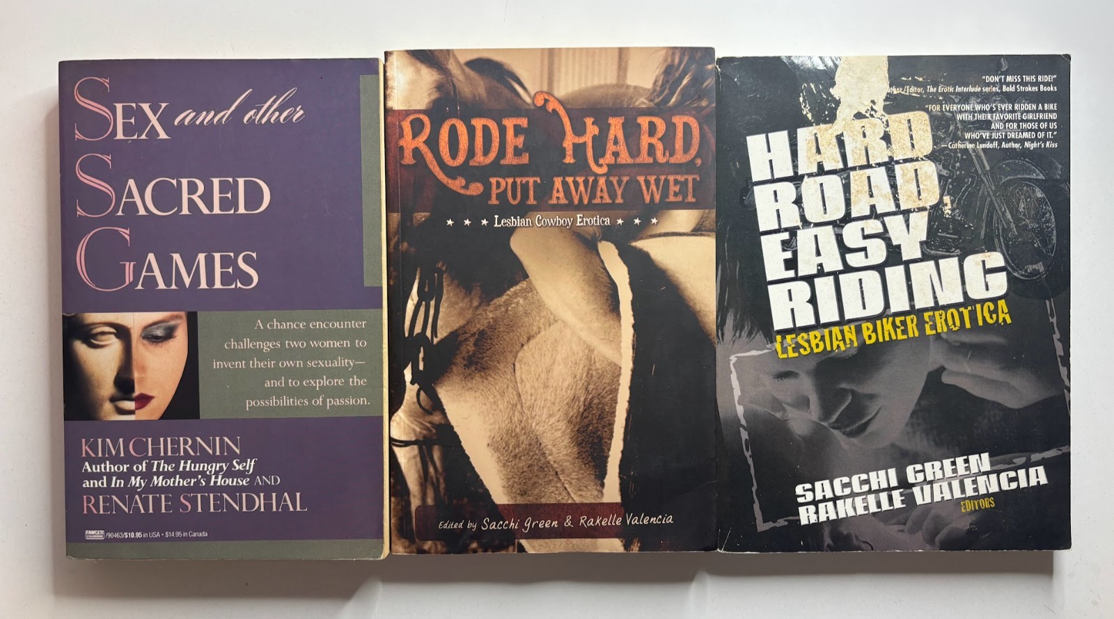 3 LGBTQIA+ books: lesbian erotic fiction (1990s-2000s), cowboy, biker