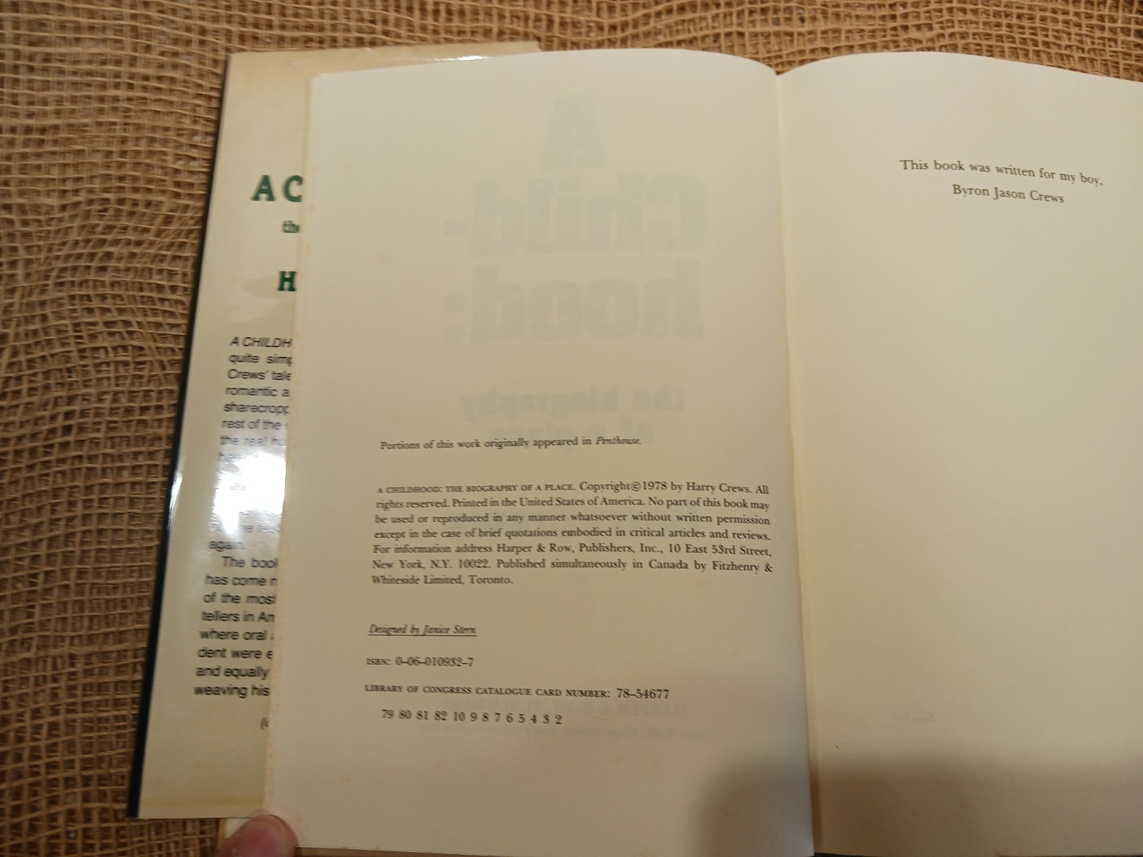 A Childhood Harry Crews 1978 First Edition Biography Memoir Harper & Row
