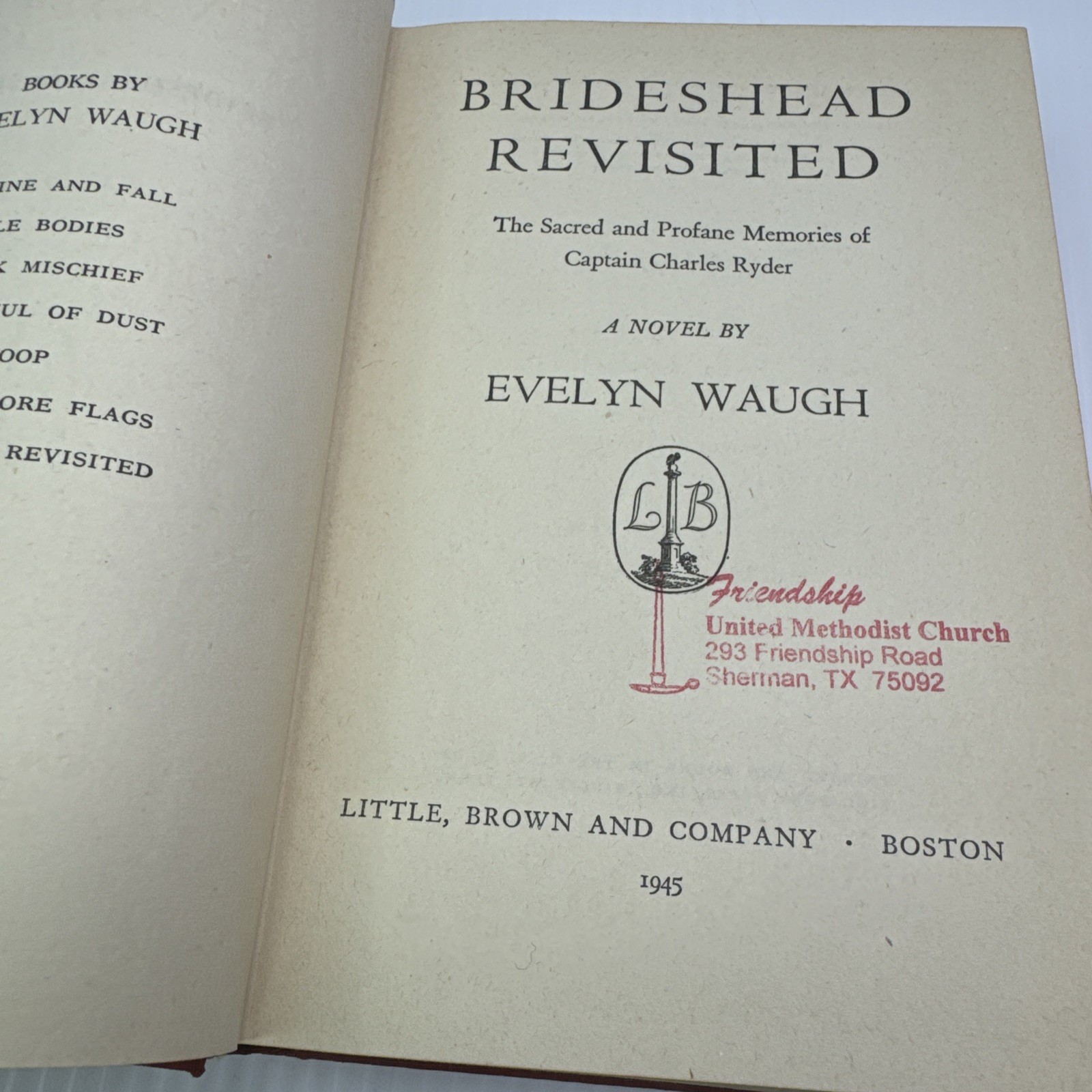 Brideshead Revisited Evelyn Waugh Hardcover 1945 Little Brown and Company