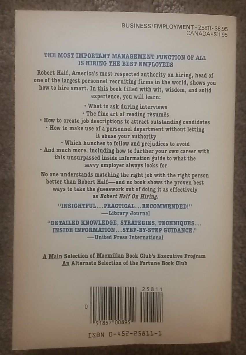 ROBERT HALF ON HIRING Robert Half PB 1985 EUC