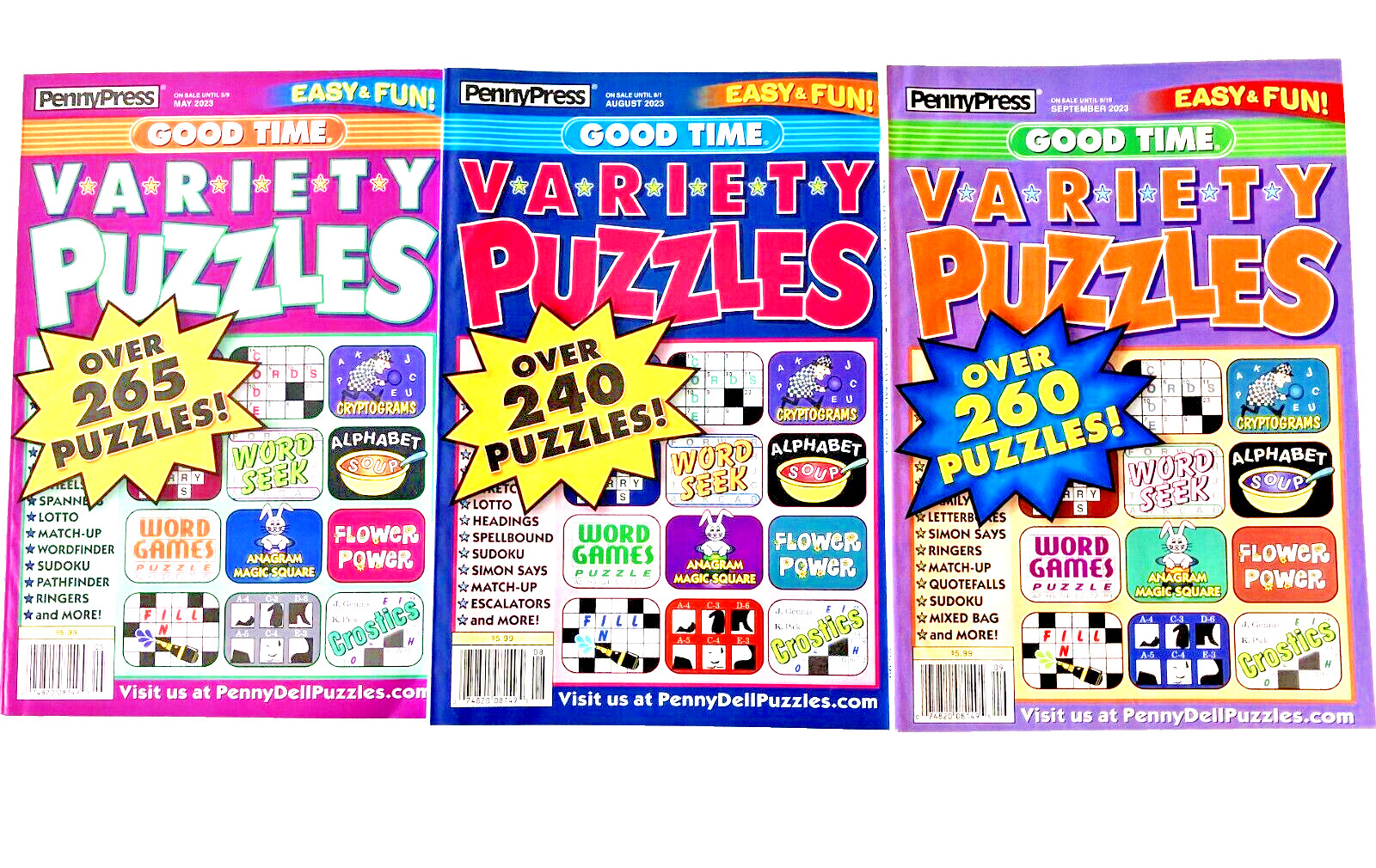 NEW Lot 3 Penny Press Dell Easy & Fun Variety Puzzles Books 240 + Each!