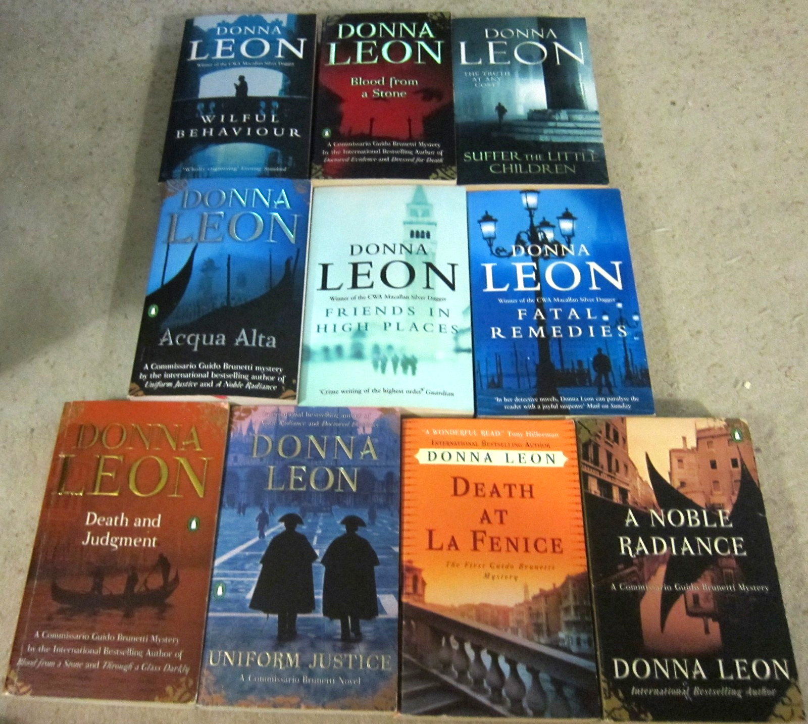 Donna Leon book lot- 10 Guido Brunetti novels- Acqua Alta, Blood From a Stone…