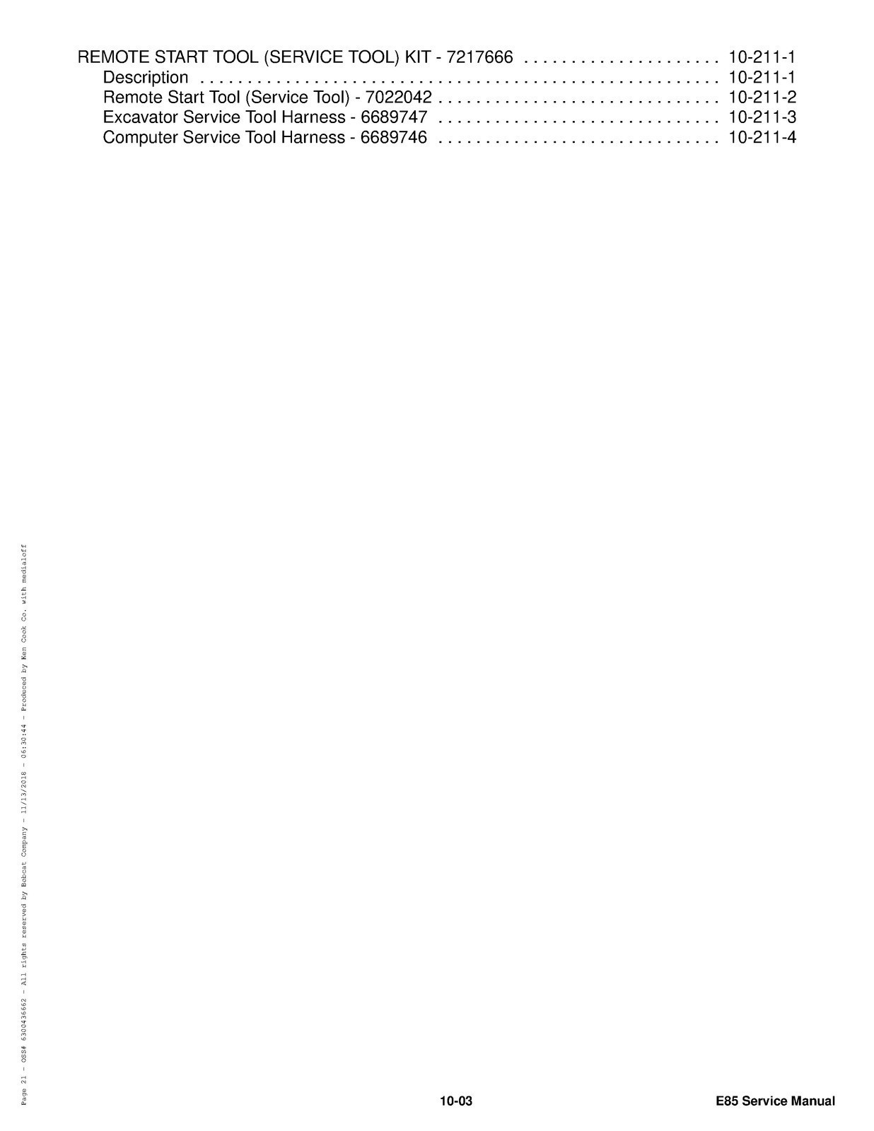 BOBCAT E85 Excavator Service Manual SN B48411001 Up, BIND, FRONT & BACK, FOLDOUT