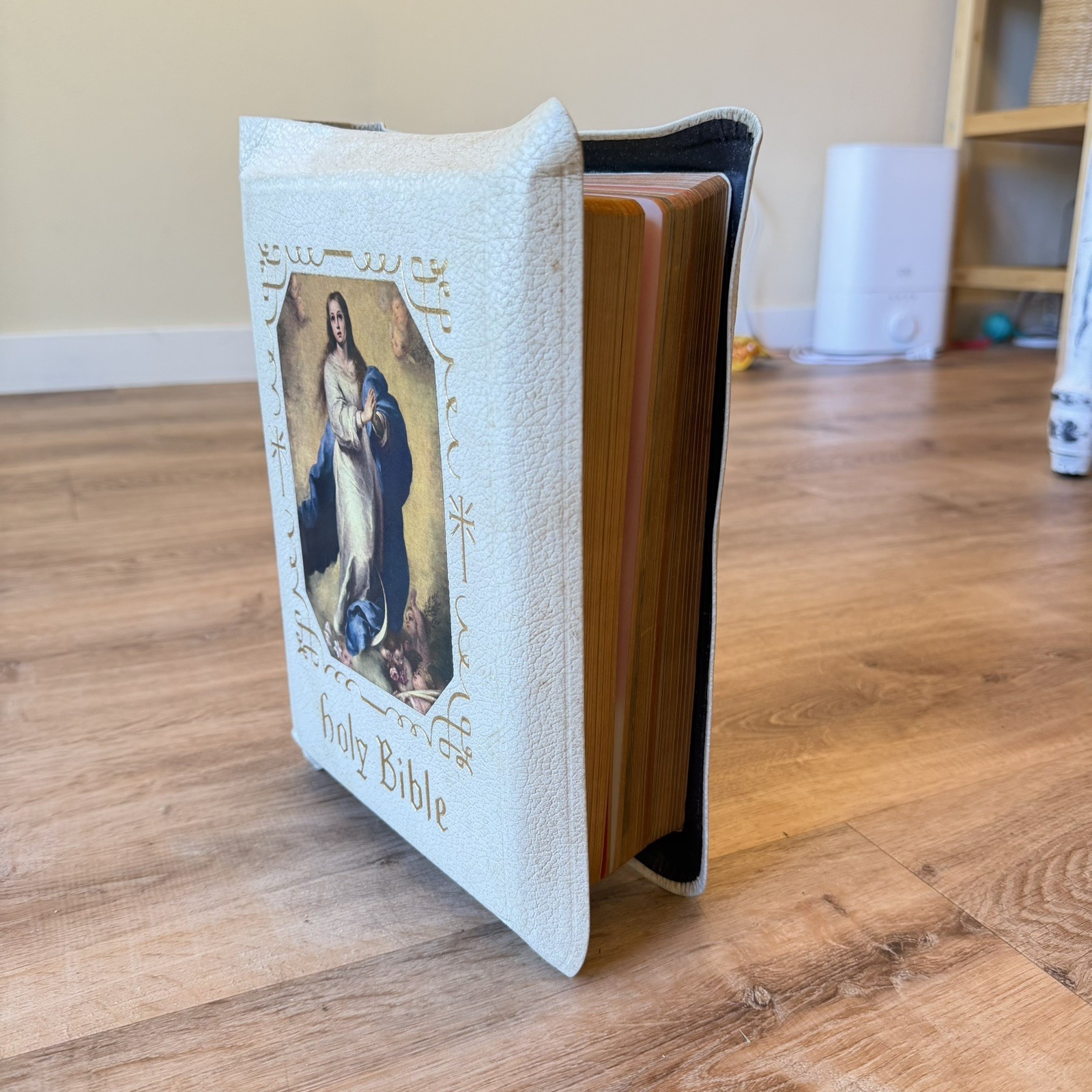 1960 Holy Angels Edition Catholic Holy Bible White Illustrated Vintage Antique