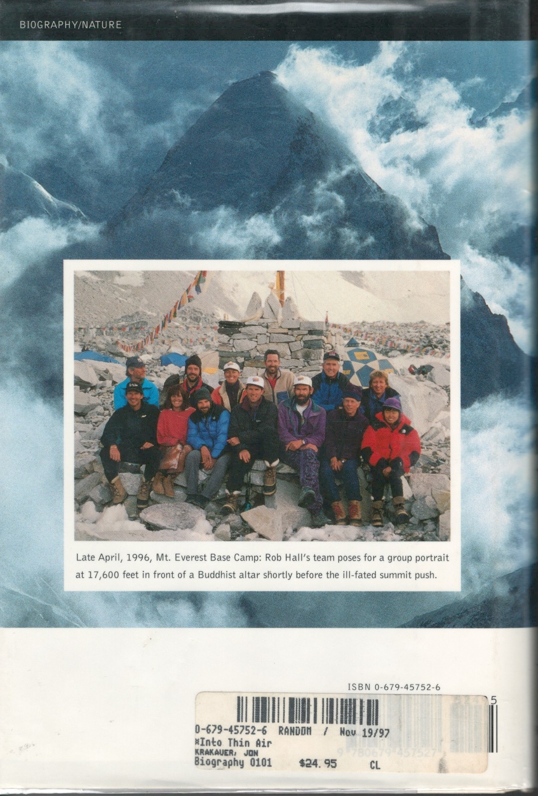 John Krakauer. Signed Into Thin Air. 1996 Everest disaster. HC, DJ. COA