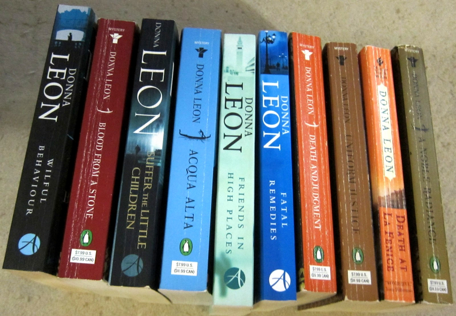 Donna Leon book lot- 10 Guido Brunetti novels- Acqua Alta, Blood From a Stone…