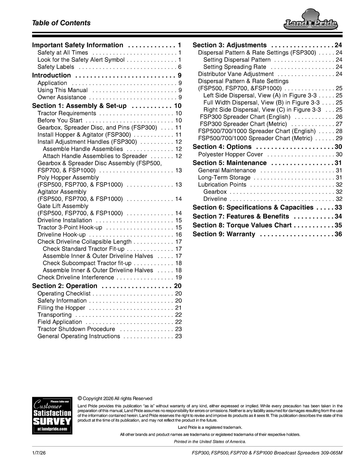 LAND PRIDE FSP Series Spreaders Operators Manual – WIRE BOUND – TOUGH COVERS