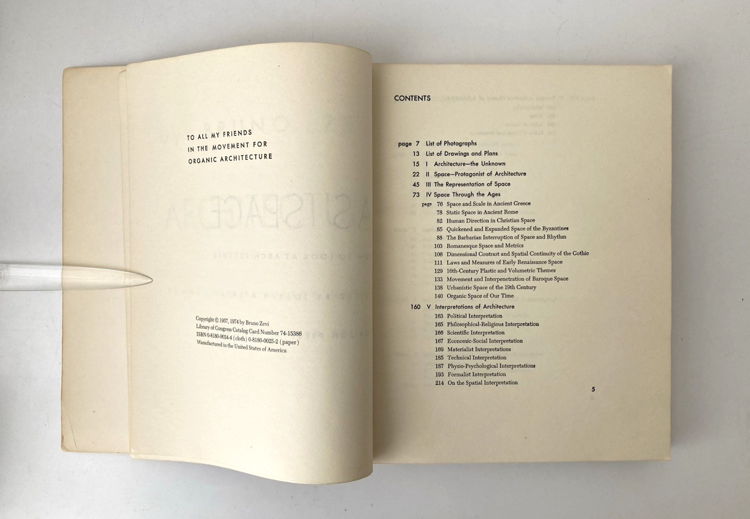 Architecture As Space by Bruno Zevi 1974 Softcover Book