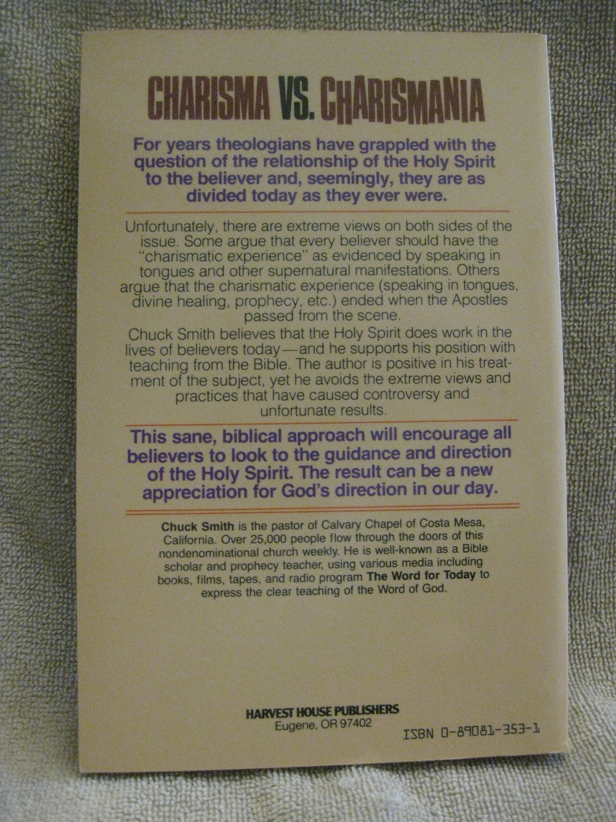 Charisma vs. Charismania by Chuck Smith (Trade Paperback) 1983 Calvary Chapel VG