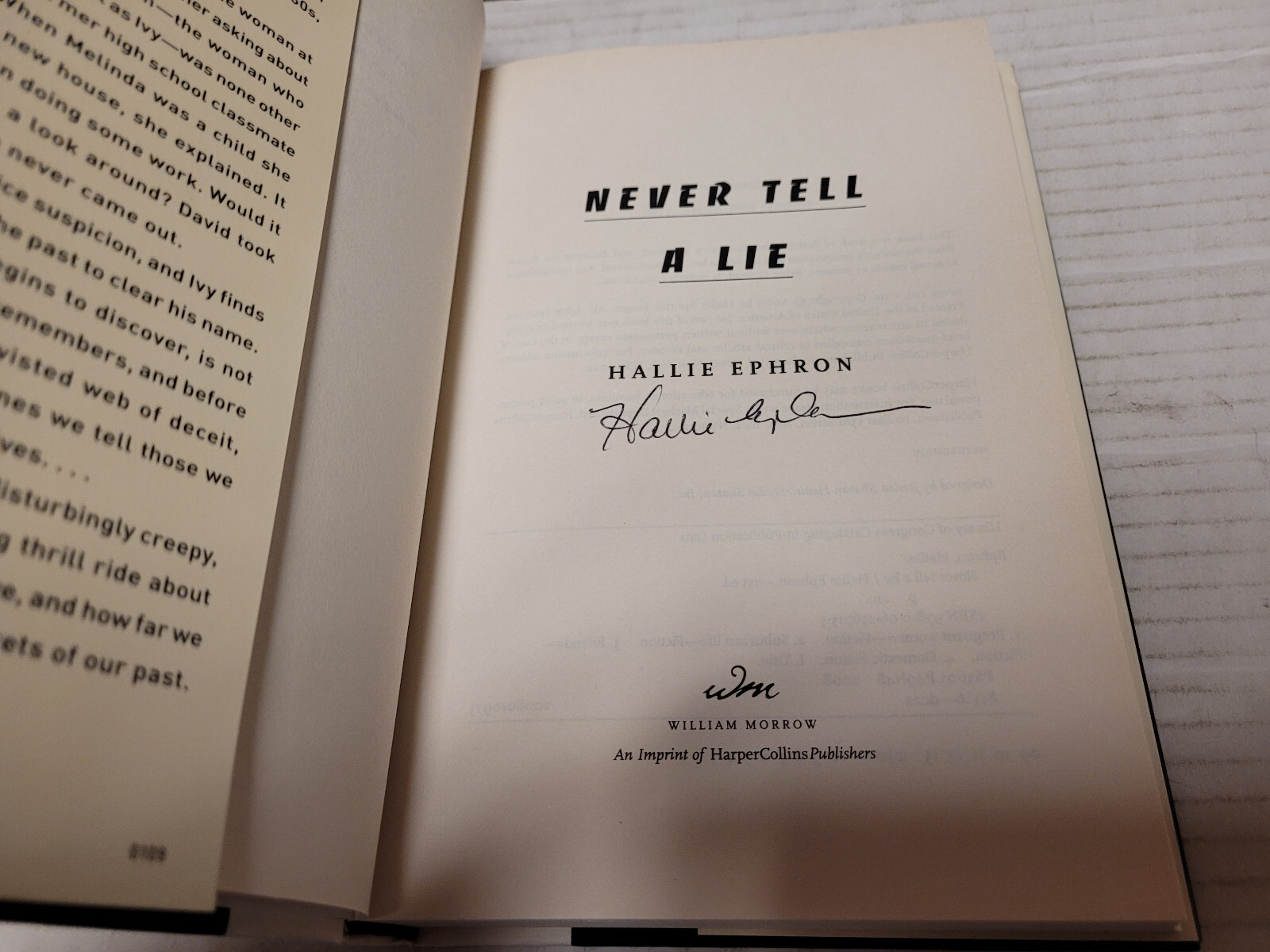 Never Tell a Lie by Hallie Ephron (2009, Hardcover) SIGNED 1st/1st