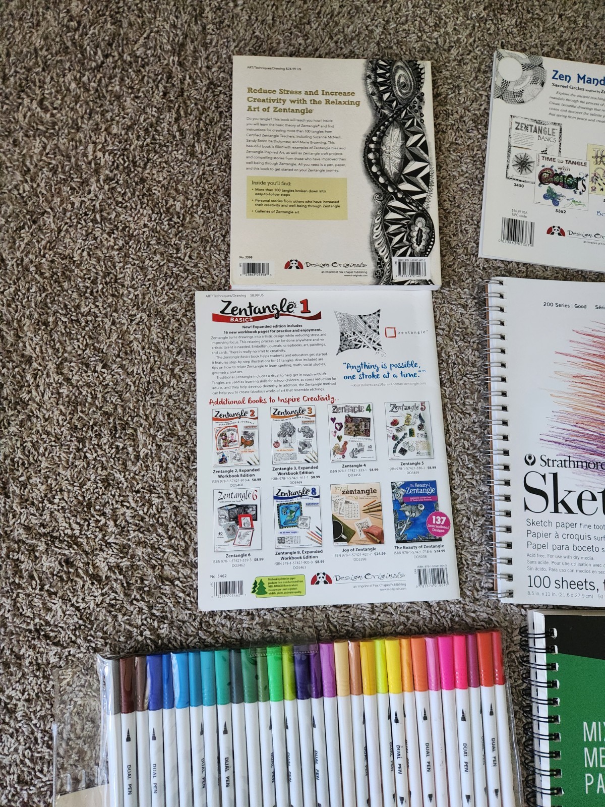 3 Zentangle Coloring Work books. 2 Sketch Books, 30 Color Dual Brush Pens