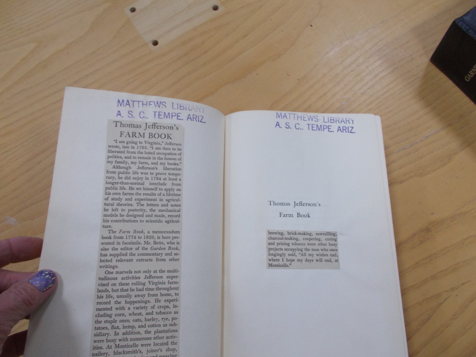 * THOMAS JEFFERSON’S FARM BOOK WITH COMMENTARY & RELEVANT EXTRA CH 1953