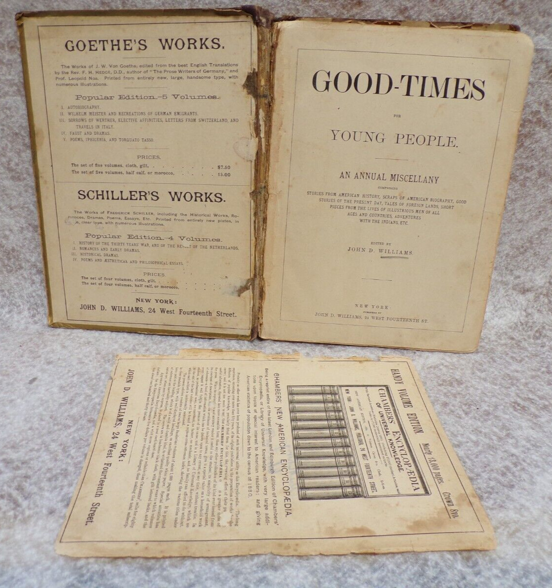 1885 BOOK GOOD TIMES FOR YOUNG PEOPLE HARD COVER 252 PAGES BY JOHN D. WILLIAMS