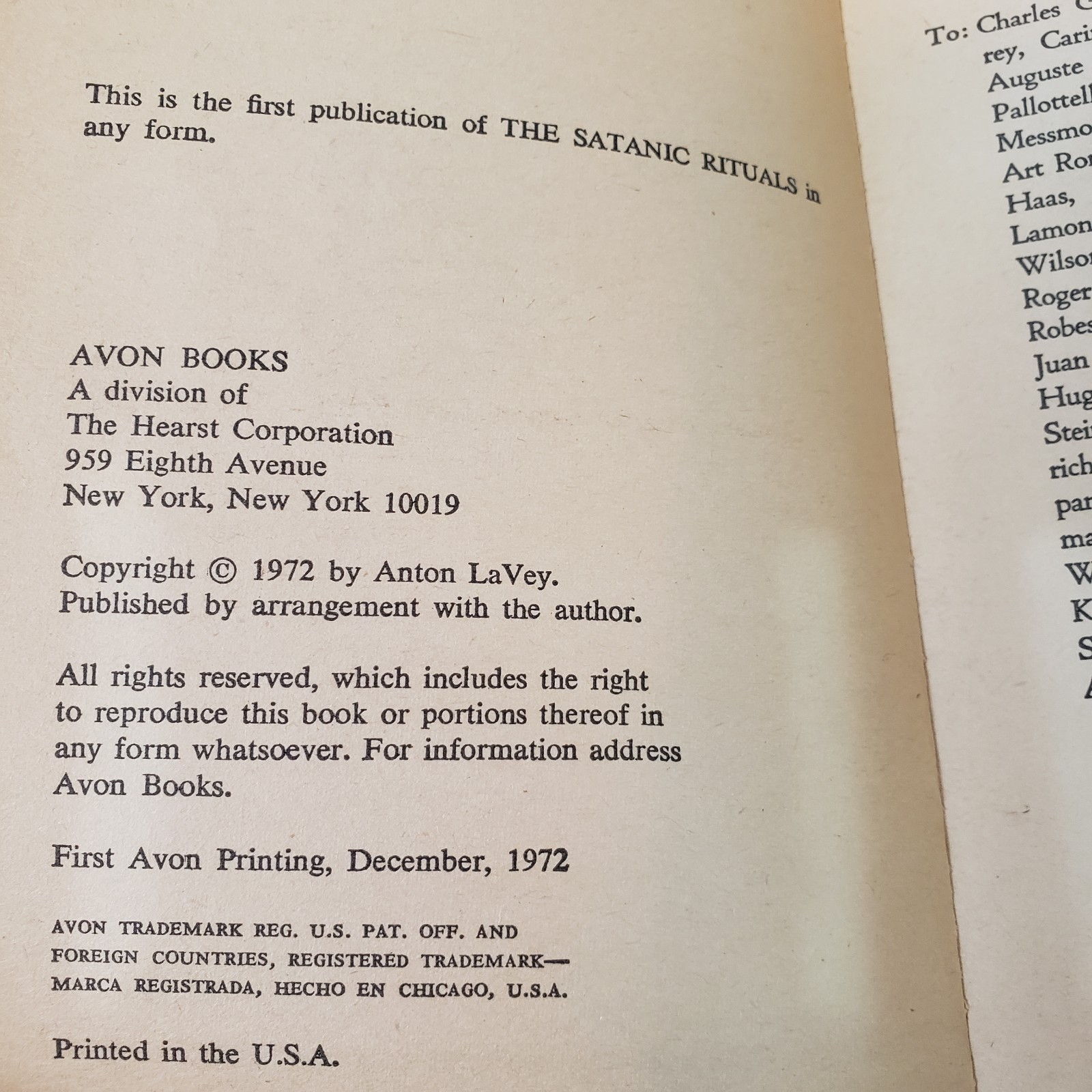 The Satanic Rituals Paperback Book Anton Szandor LaVey 1972 1st Avon Printing