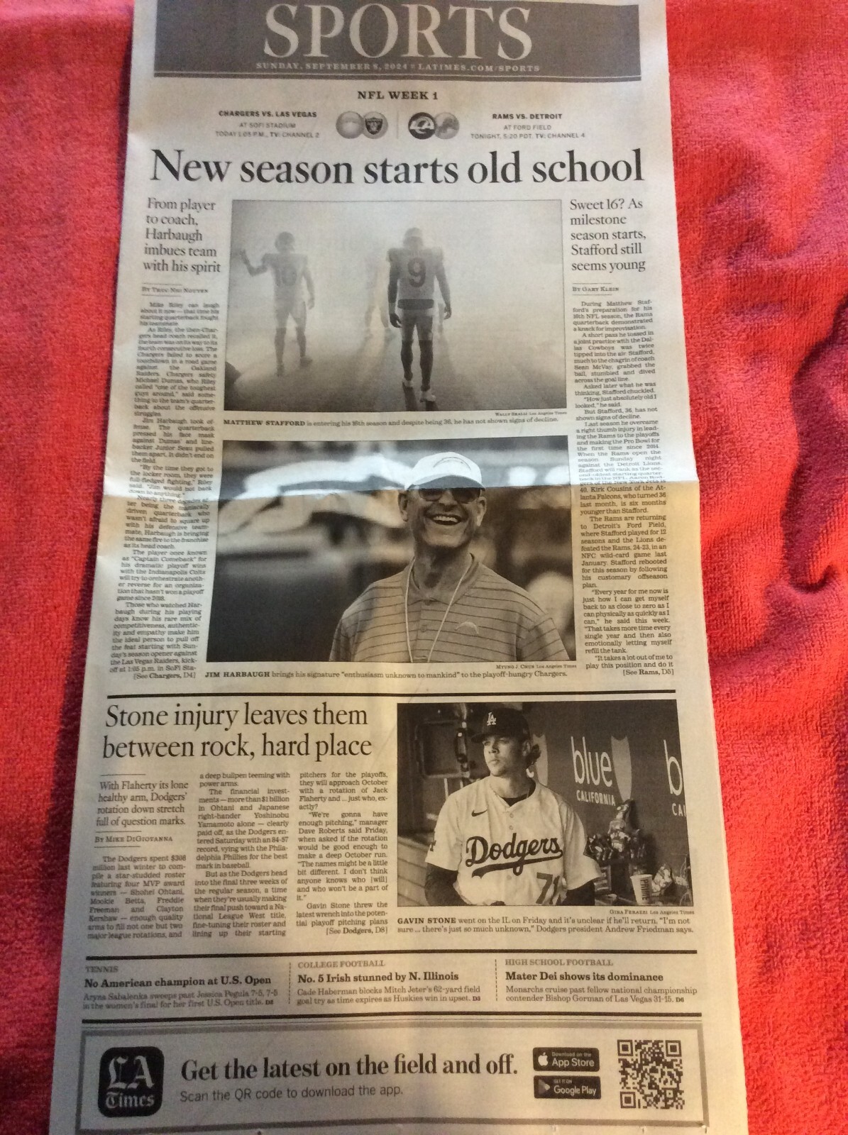 LA TIMES SPORTS SECTION SEPTEMBER 8 2024 DODGERS GAVIN STONE CHARGERS RAMS