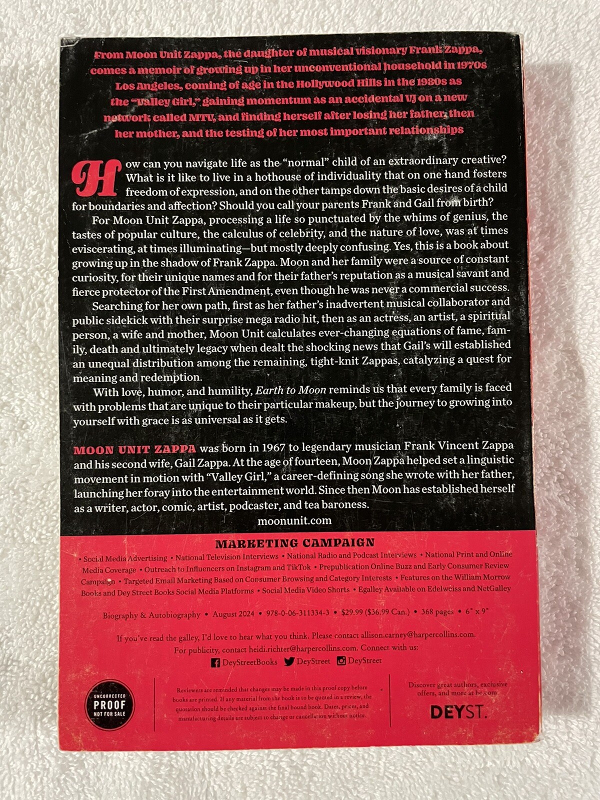 Earth to Moon: A Memoir by Moon Unit Zappa (softcover) Uncorrected Proof