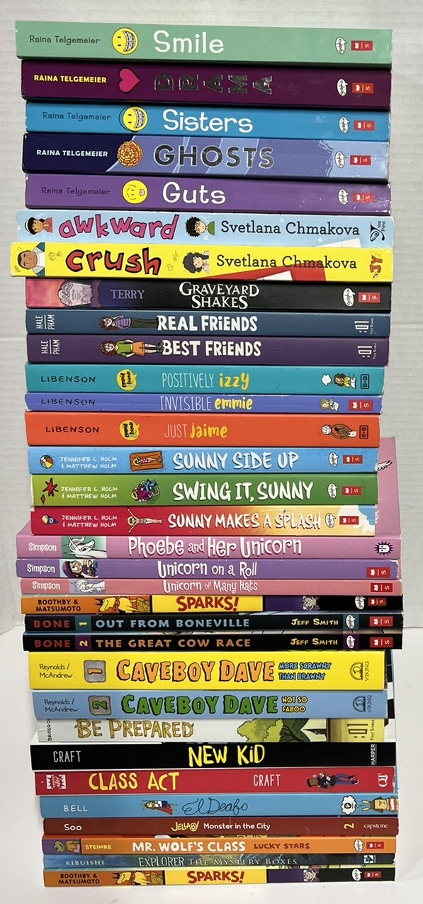 Graphic Novels SUNNY SIDE UP, El Deafo, BONE, New Kid, SMILE, Izzy Lot of 32