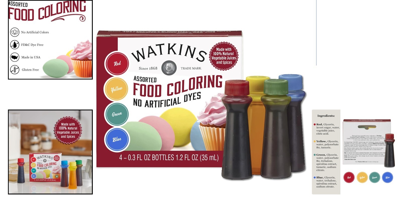 Natural Gluten-Free Food Coloring Set – Red, Yellow, Green, Blue, 3 fl oz Total