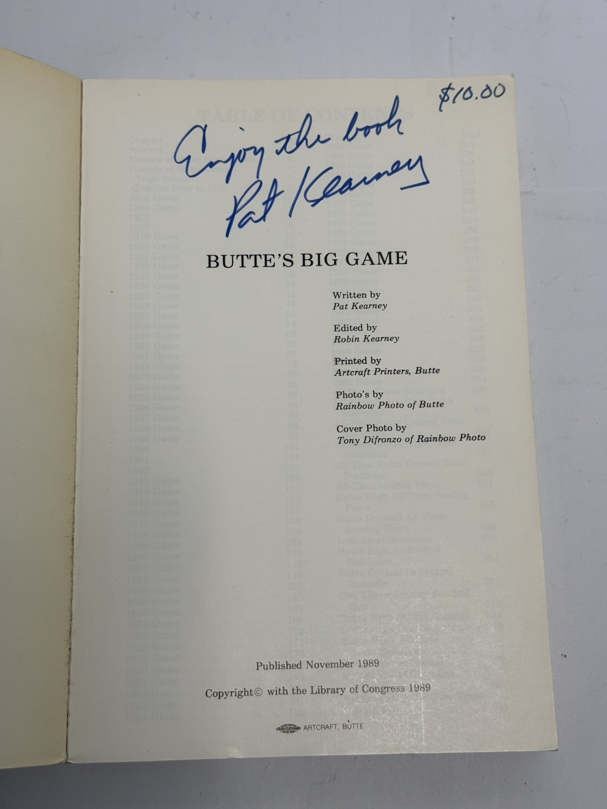 Pat Kearney Signed 1989 Paperback Butte’s Big Game Butte Central vs. Butte High