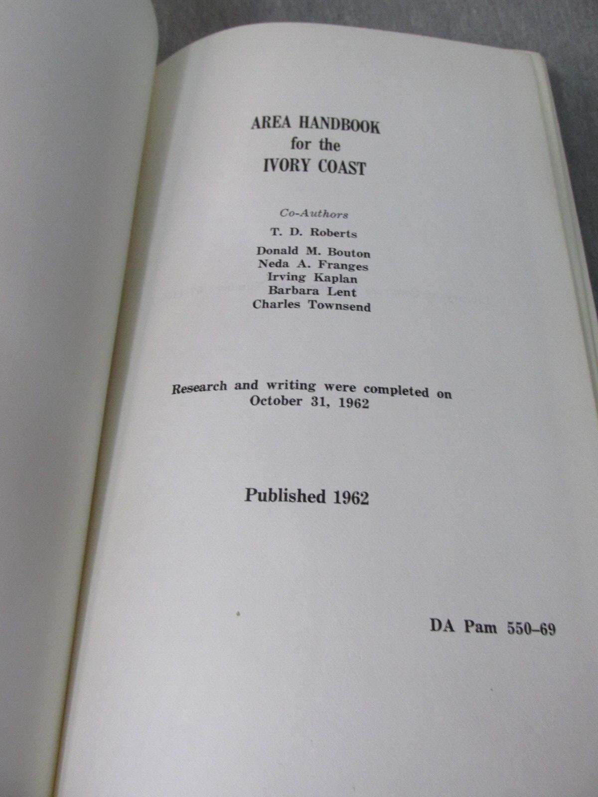 AREA HANDBOOK FOR IVORY COAST 1962 DA PAM 550-69 Hardback