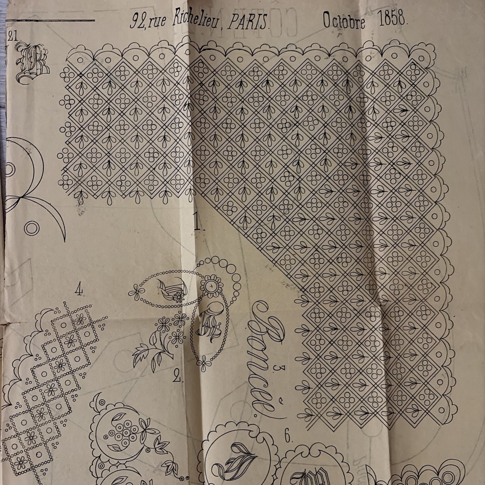 Rare Antique French Embroidery Pattern Sheet – Cendrillon Journal (October 1858)