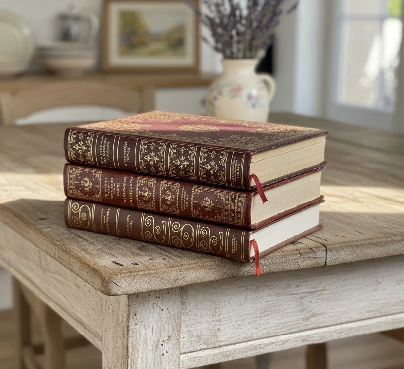 Vintage 3 Reproduction Antique books, one leather , classic poem, gilt stamping