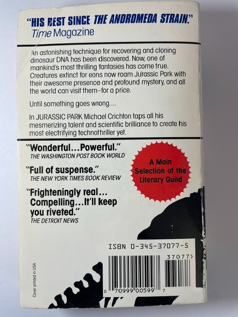 Jurassic Park (Paperback, 1991) Michael Crichton 1st Ballantine PB Print