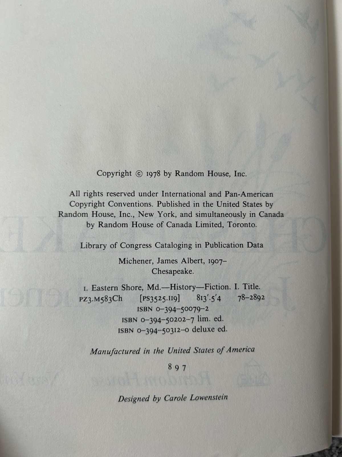 Chesapeake by James A. Michener. 1978. HCDJ.