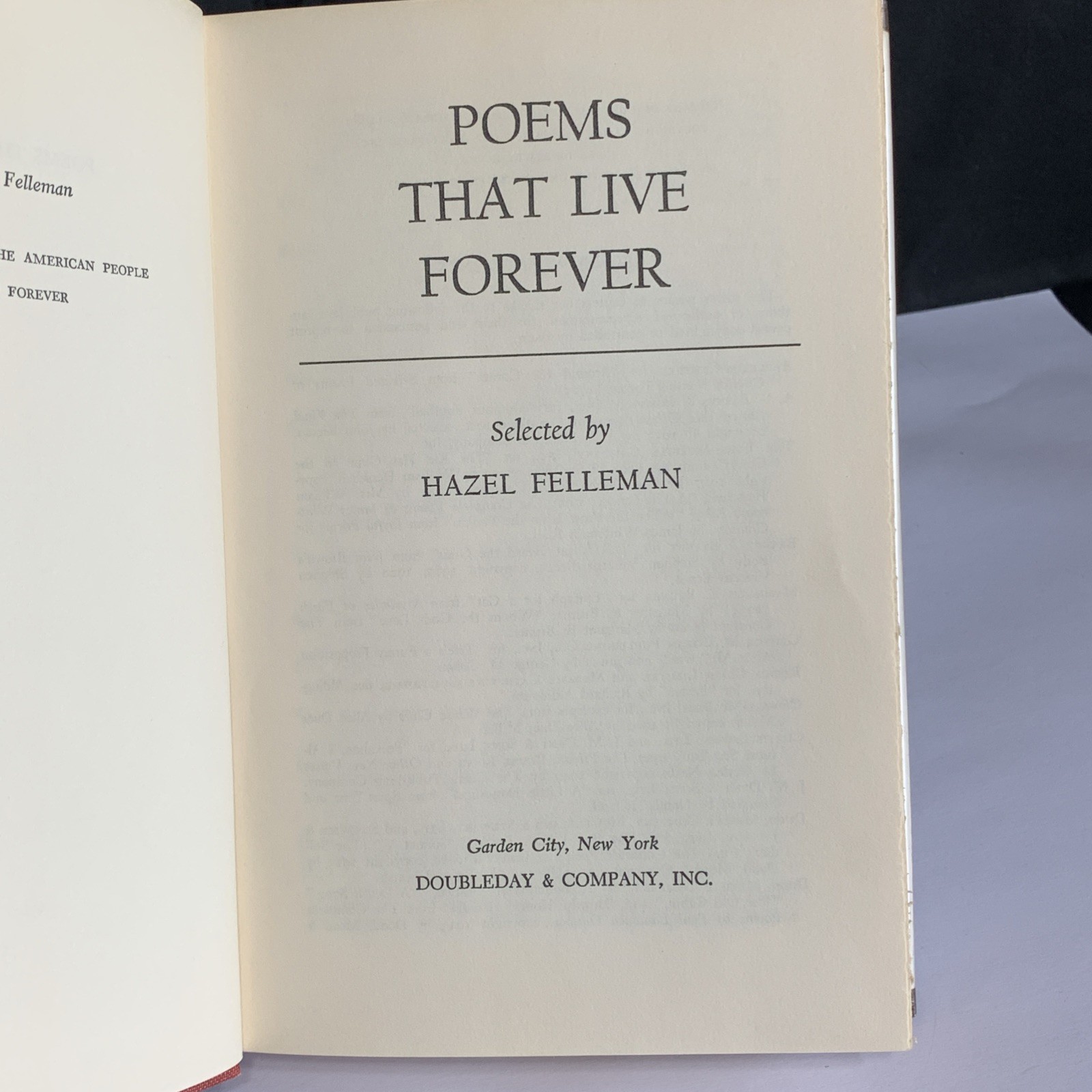 POEMS THAT LIVE FOREVER 1965 Selected by Hazel Felleman Hardback Used