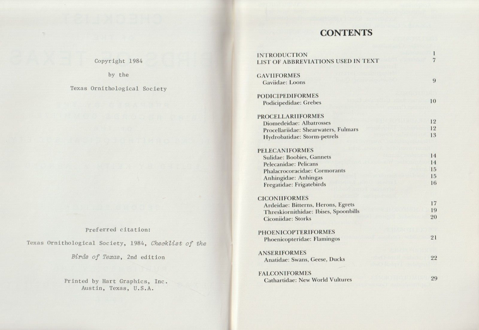 The T. O. S. Checklist of the Birds of Texas, 2nd edition, 1984, 147 pages