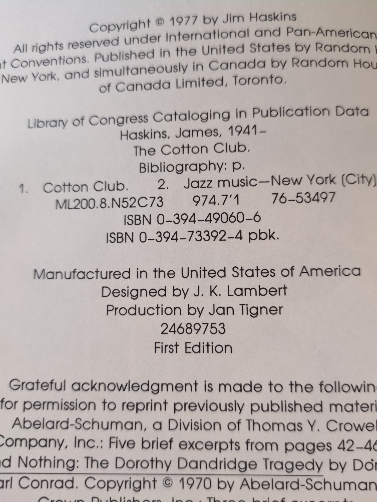 The Cotton Club by Jim Haskins 1977 First Edition Very Good