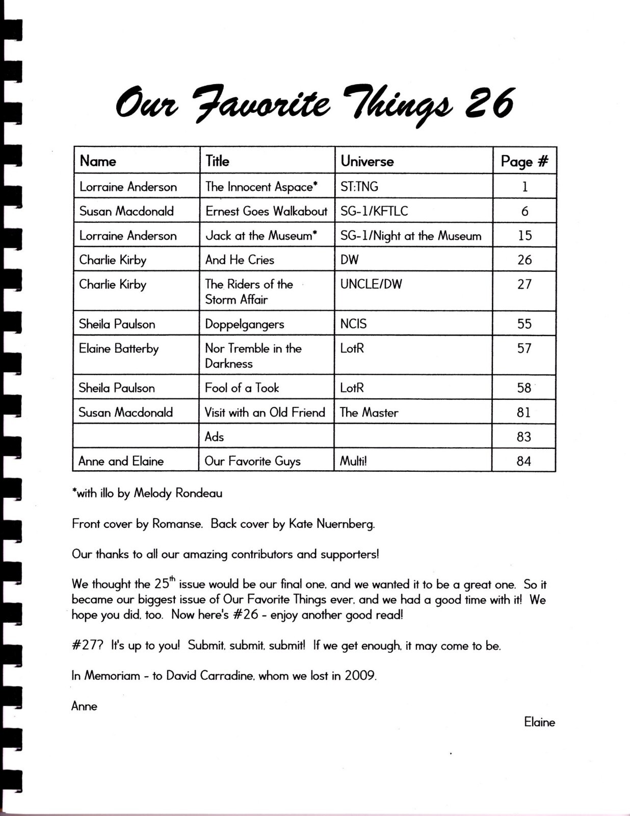 Fanzine “Our Favorite Things 26” Gen 2010 Stargate SG1 LotR ST:TNG MUNCLE