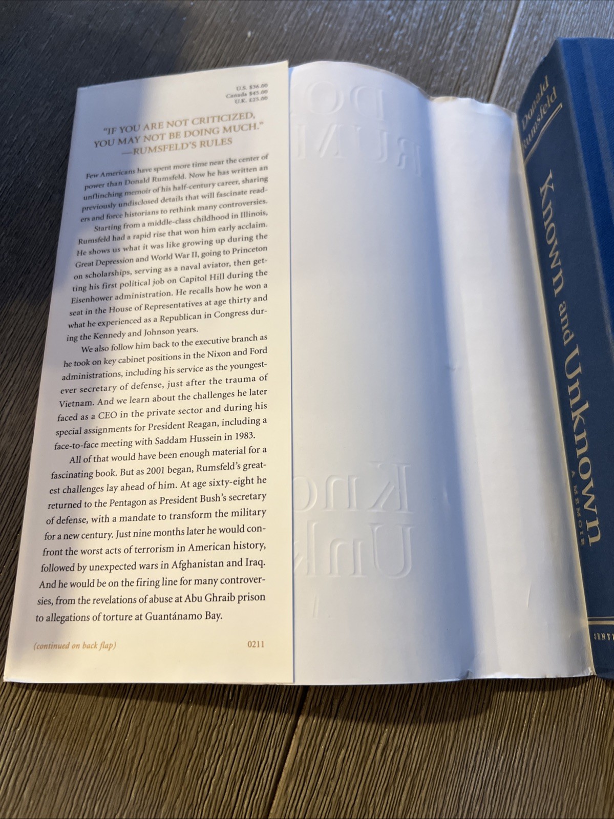 Known and Unknown a memoir by Donald Rumsfeld. Signed/Autographed 1st Ed. 2011