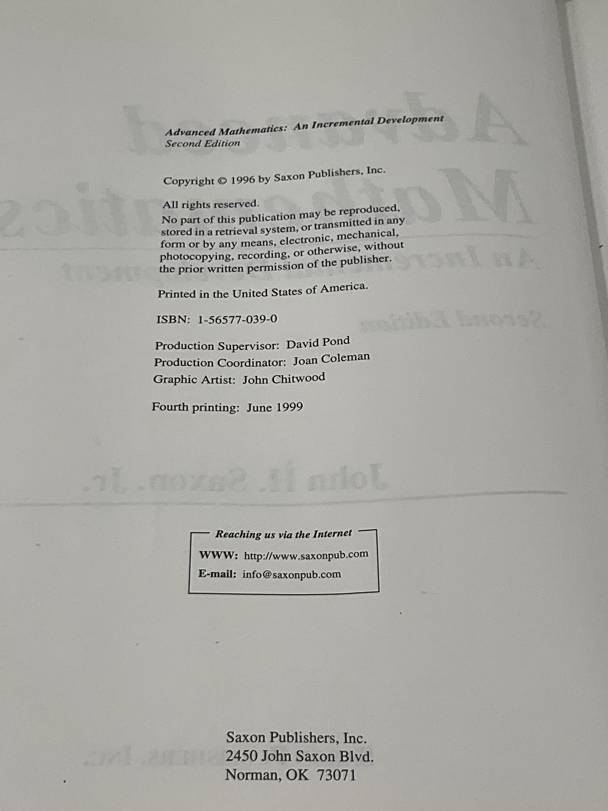 Advanced Mathematics: Incremental Development John H Saxon 1996 HC