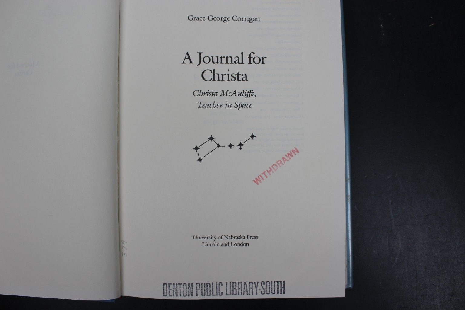 A Journal for Christa Grace George Corrigan 1993 Biography NASA Space Challenger