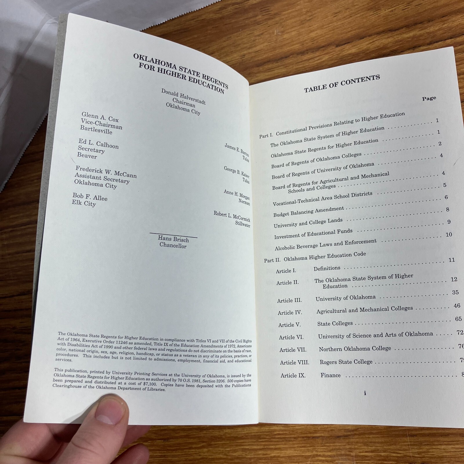 Oklahoma Higher Education Code Revised December 1990 History Academic Programs