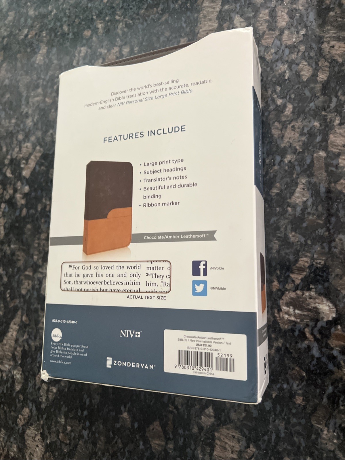 NIV Bible Personal Size Large Print Bible DuoTone Chocolate / Amber Leathersoft