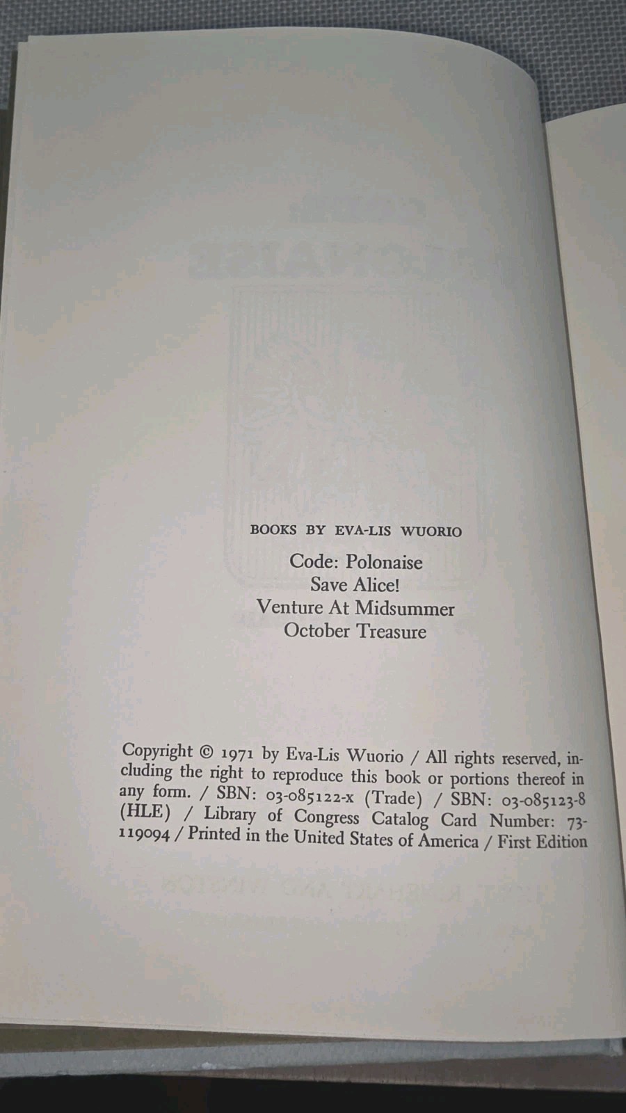Code : Polonaise Hardcover Eva-Lis Wuorio 1st Edition 1971