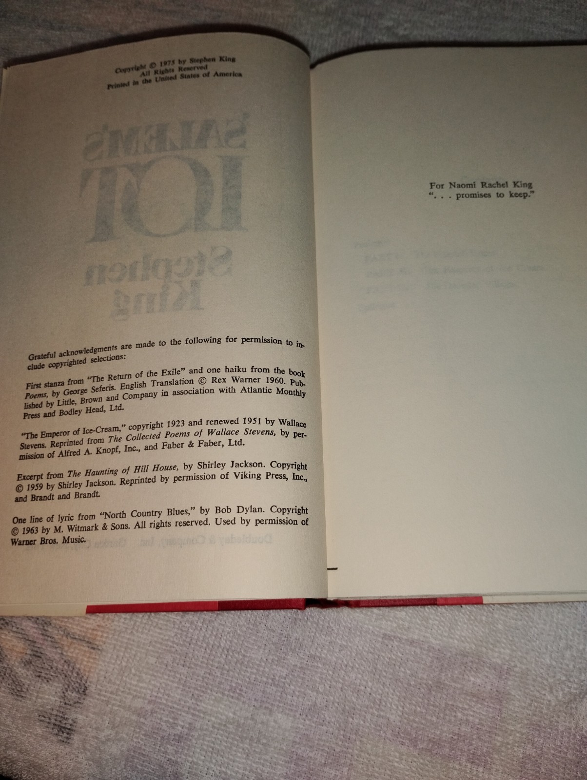 SALEM’S LOT HC DJ Stephen King First Book Club Edition BCE 1975
