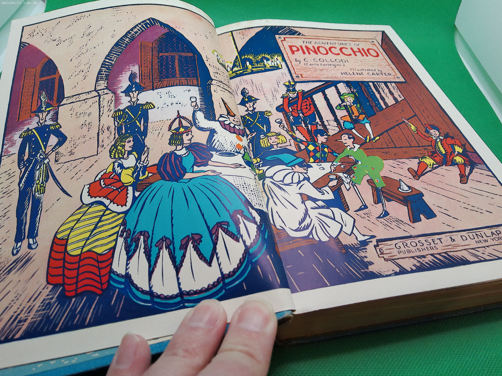 Pinocchio Collodi Helene Carter Grosset Dunlap color plates blue cover HB book
